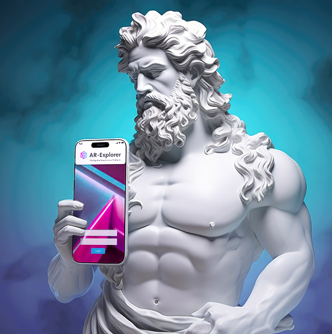 Statue, die ein Smartphone mit AR-Explorer hält