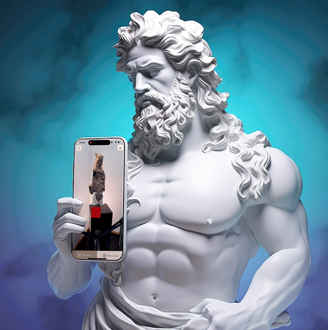 Statue, die ein Smartphone mit AR-Explorer hält