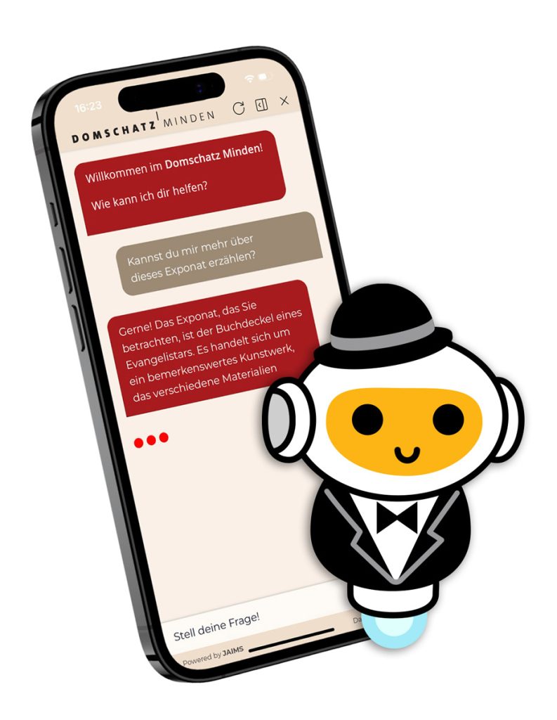 Das JAIMS-Maskottchen neben einem Smartphone mit dem KI-Chat